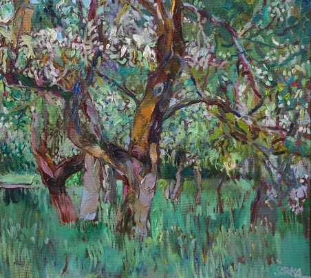 Blooming Gardens, Apple Trees III original painting by Šarūnas Šarkauskas. Lithuanian Landscape Paintings