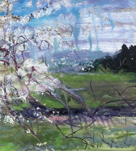 Cherry Blossoms Near Nevėžys original painting by Gražina Vitartaitė. Lithuanian Landscape Paintings