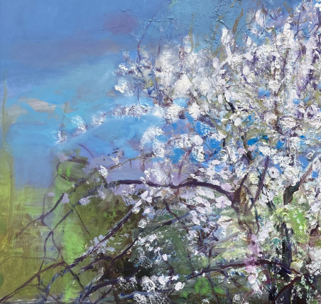 Cherry Blossoms Near Nevėžys original painting by Gražina Vitartaitė. Lithuanian Landscape Paintings