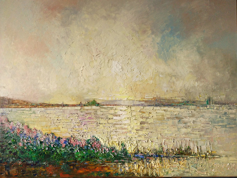 Lilacs On the Waterfront original painting by Simonas Gutauskas. Lithuanian Landscape Paintings