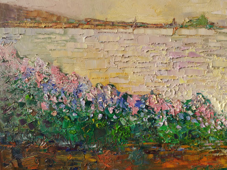 Lilacs On the Waterfront original painting by Simonas Gutauskas. Lithuanian Landscape Paintings