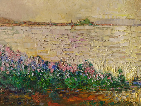 Lilacs On the Waterfront original painting by Simonas Gutauskas. Lithuanian Landscape Paintings