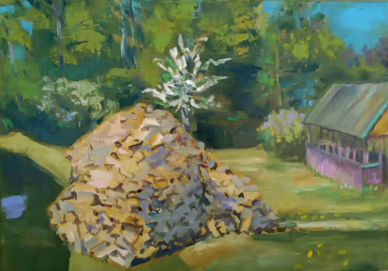 Firewood In the Yard original painting by Vidmantas Jažauskas. Lithuanian Landscape Paintings