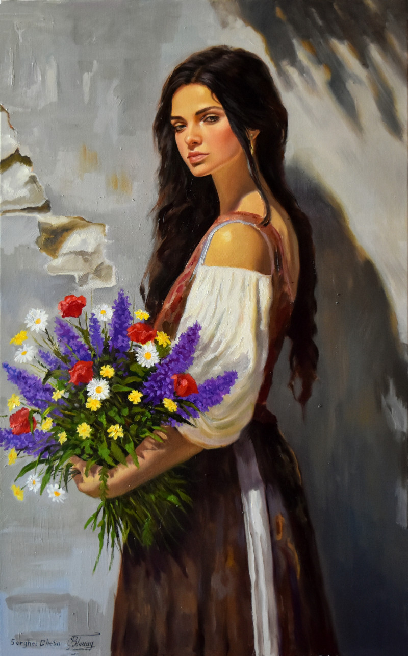 A portrait with wildflowers original painting by Serghei Ghetiu. Beauty Of A Woman