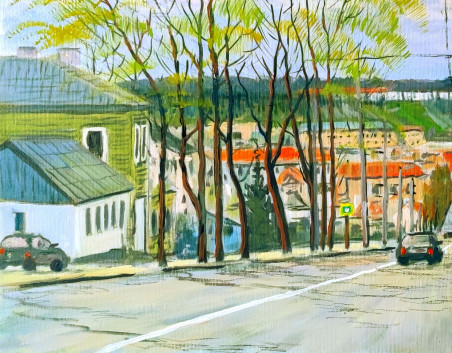 Downhill of Savanoriu str. Kaunas original painting by Petras Kardokas. Paintings With Kaunas (Kaunas)