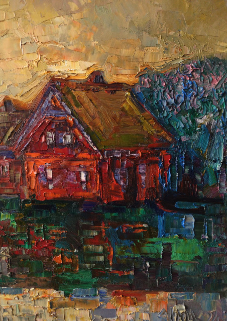 Red Houses original painting by Simonas Gutauskas. Lithuanian Landscape Paintings