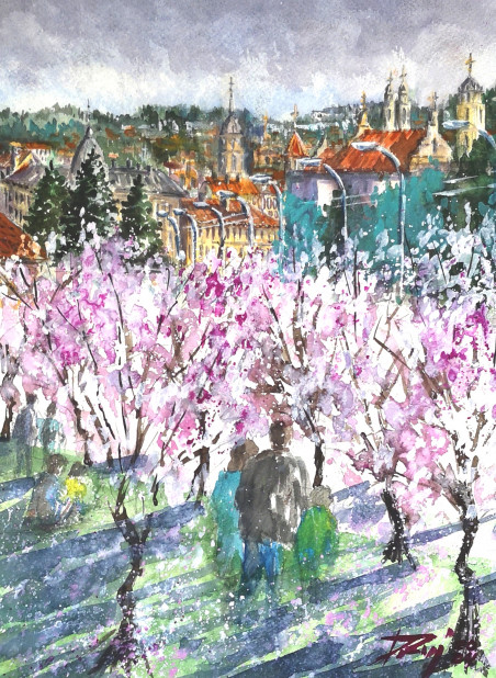 Cherry Blossoms of Vilnius original painting by Dmitrij Zuj. Lithuanian Landscape Paintings