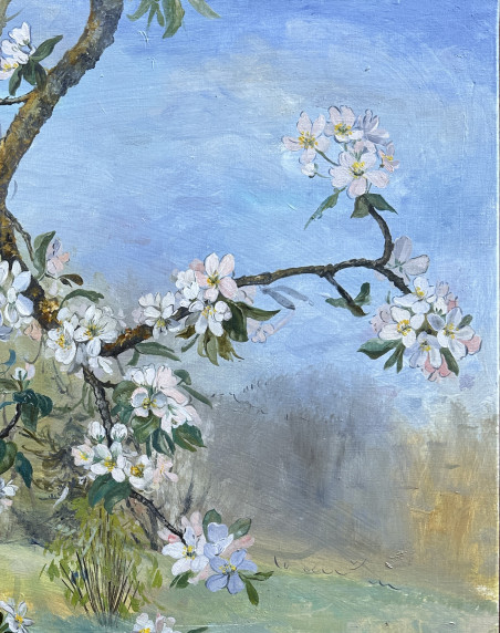 Blooming of Wild Apple-tree original painting by Onutė Juškienė. Lithuanian Landscape Paintings