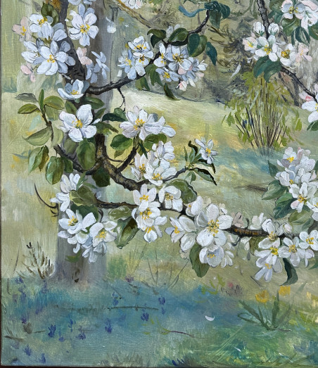 Blooming of Wild Apple-tree original painting by Onutė Juškienė. Lithuanian Landscape Paintings