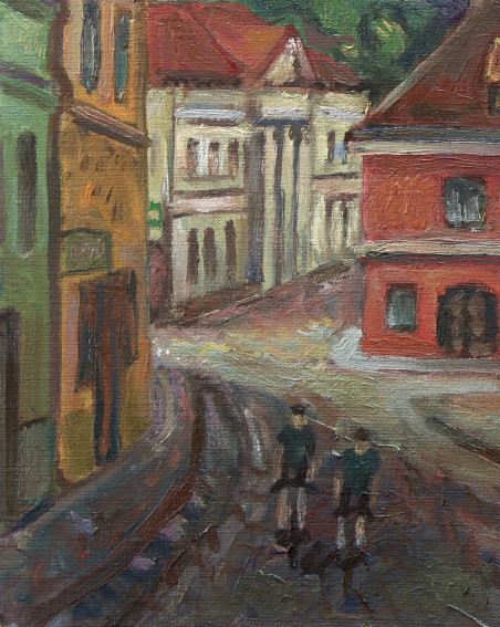 Užupis original painting by Daumantas Tomas Pilipavičius. Urbanistic - Cityscape