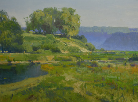 Bend in the river original painting by Vytautas Laisonas. Lithuanian Landscape Paintings