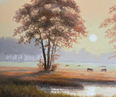 The mood of a summer morning original painting by Rimantas Virbickas. Lithuanian Landscape Paintings