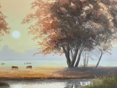 The mood of a summer morning original painting by Rimantas Virbickas. Lithuanian Landscape Paintings