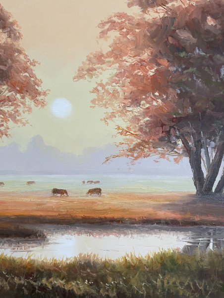 The mood of a summer morning original painting by Rimantas Virbickas. Lithuanian Landscape Paintings