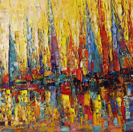 In the Port of Sailboats original painting by Simonas Gutauskas. Marine Art