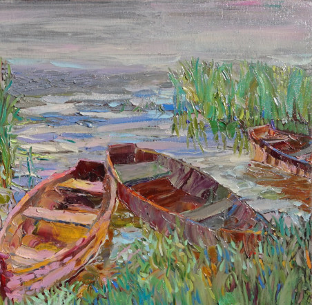 Boats of Birštonas original painting by Šarūnas Šarkauskas. Marine Art