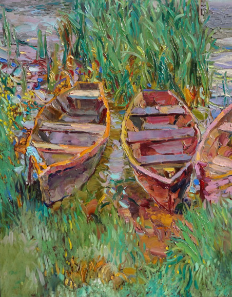 Boats of Birštonas original painting by Šarūnas Šarkauskas. Marine Art