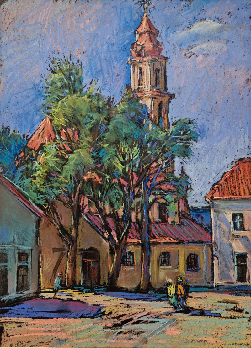 The tower of the Church of the Virgin Mary the Comforter. Vilnius original painting by Dmytro Hunts. Lithuanian Landscape Pai...