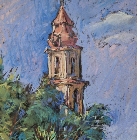 The tower of the Church of the Virgin Mary the Comforter. Vilnius original painting by Dmytro Hunts. Lithuanian Landscape Pai...