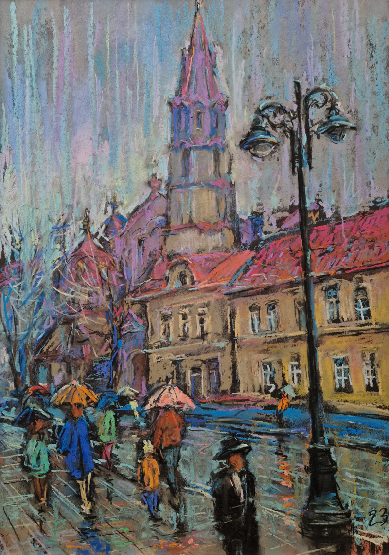 Rain in Vilnius. St. Nicholas Church original painting by Dmytro Hunts. Lithuanian Landscape Paintings