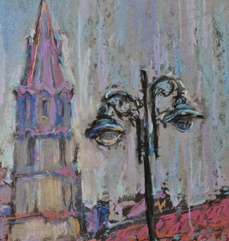 Rain in Vilnius. St. Nicholas Church original painting by Dmytro Hunts. Lithuanian Landscape Paintings