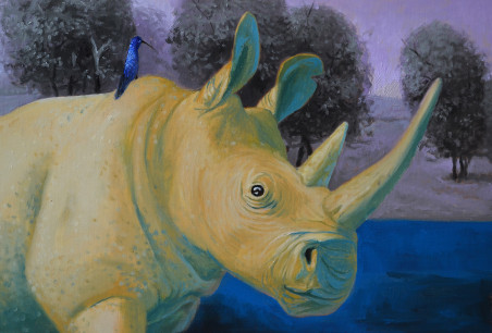 A visit from a rhino original painting by Artūras Braziūnas. Animalistic Paintings