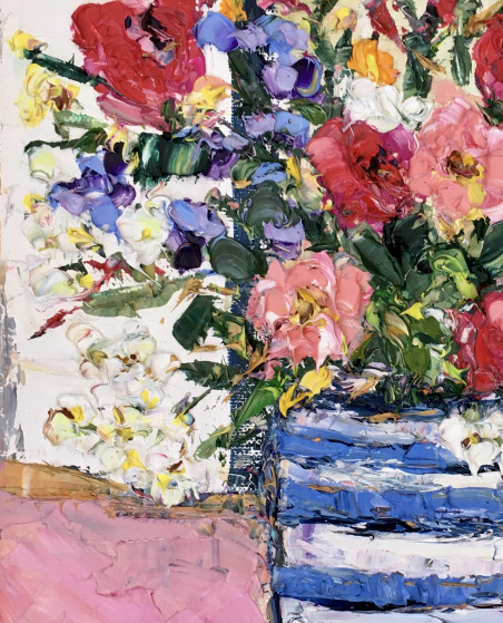 Striped vase with flowers original painting by Vilma Gataveckienė. Flowers