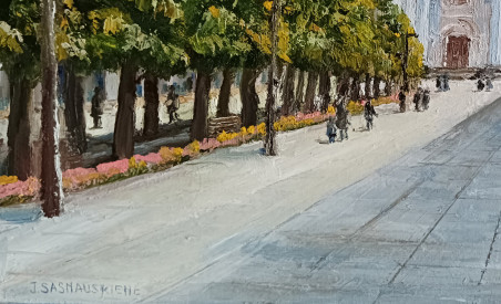 Summer in Kaunas Laisvės Avenue original painting by Jūratė Sasnauskienė. Urbanistic - Cityscape