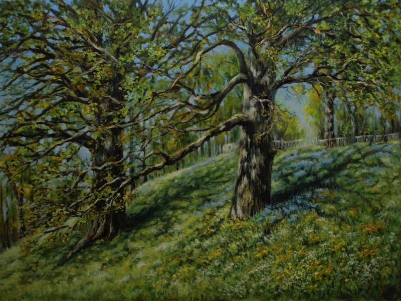 The Spring Awakening of Šventybrastis Oaks original painting by Irma Pažimeckienė. Lithuanian Landscape Paintings