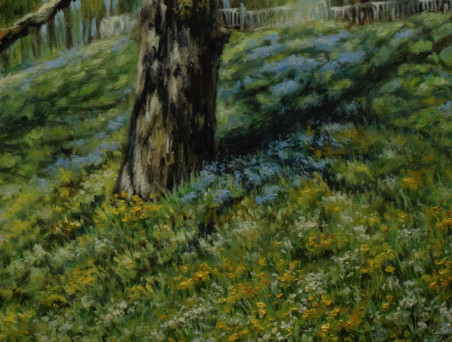 The Spring Awakening of Šventybrastis Oaks original painting by Irma Pažimeckienė. Lithuanian Landscape Paintings