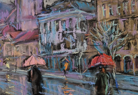 Rain in Vilnius original painting by Dmytro Hunts. Lithuanian Landscape Paintings