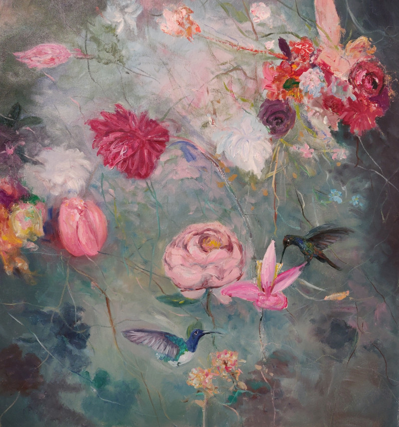 Flowers And Hummingbirds original painting by Vytautas Žirgulis. Flowers