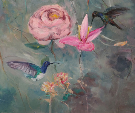 Flowers And Hummingbirds original painting by Vytautas Žirgulis. Flowers