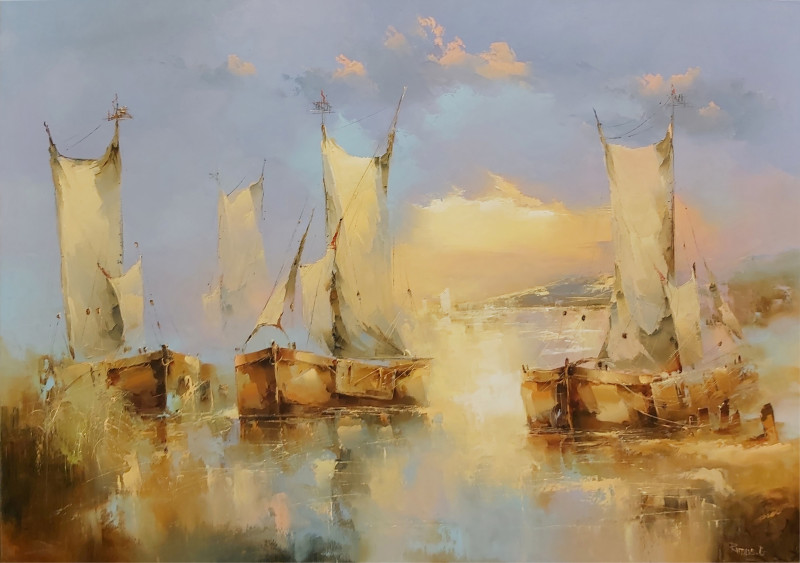 Ships of Lagoon original painting by Rimantas Grigaliūnas. Marine Art