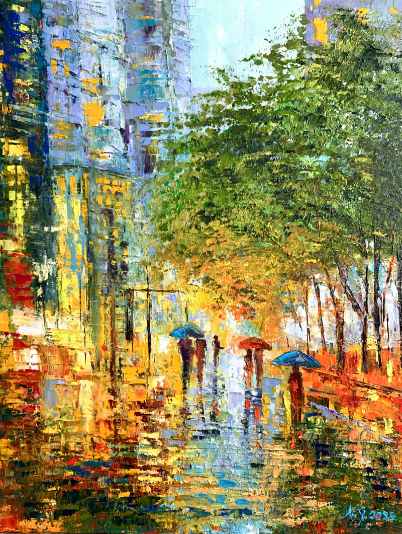 A city fragrant with tilia blossoms original painting by Nijolė Grigonytė Lozovska. Urbanistic - Cityscape