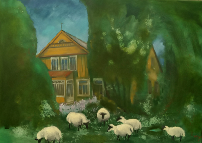 Homestead With Sheep original painting by Vidmantas Jažauskas. Lithuanian Landscape Paintings