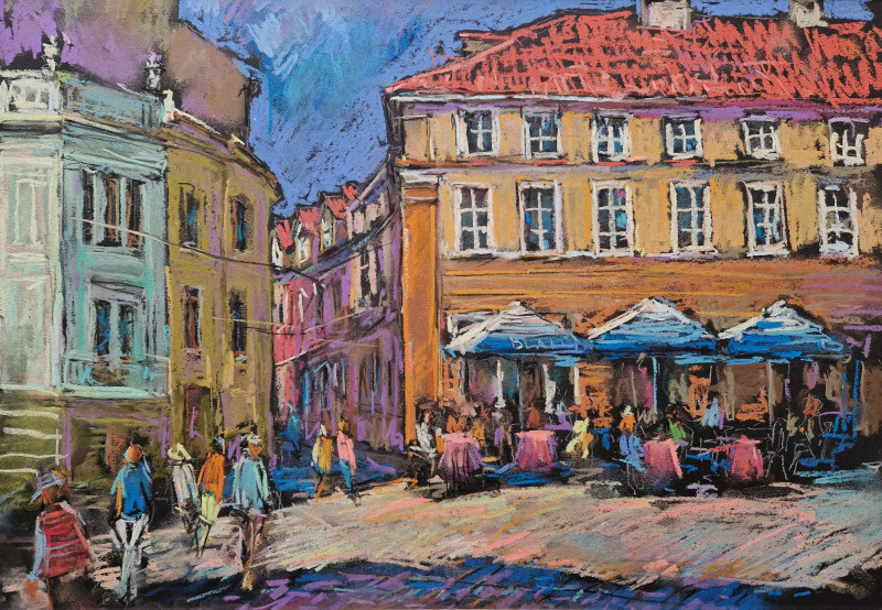 Summer Cafe in Vilnius original painting by Dmytro Hunts. Lithuanian Landscape Paintings