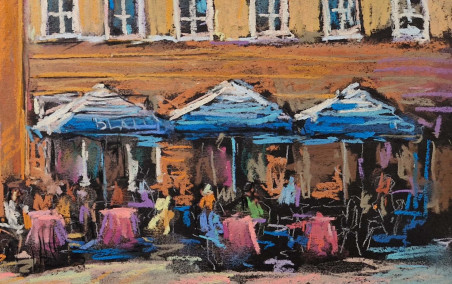 Summer Cafe in Vilnius original painting by Dmytro Hunts. Lithuanian Landscape Paintings