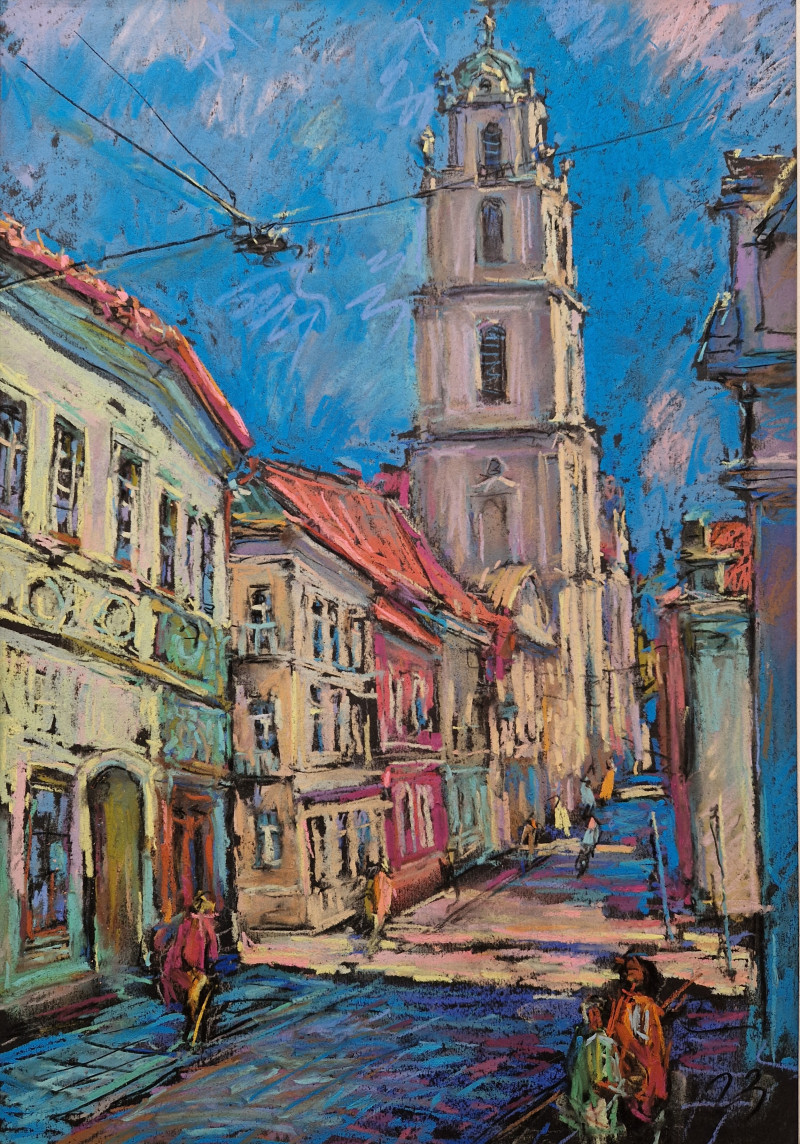 In the Streets of Vilnius City original painting by Dmytro Hunts. Lithuanian Landscape Paintings