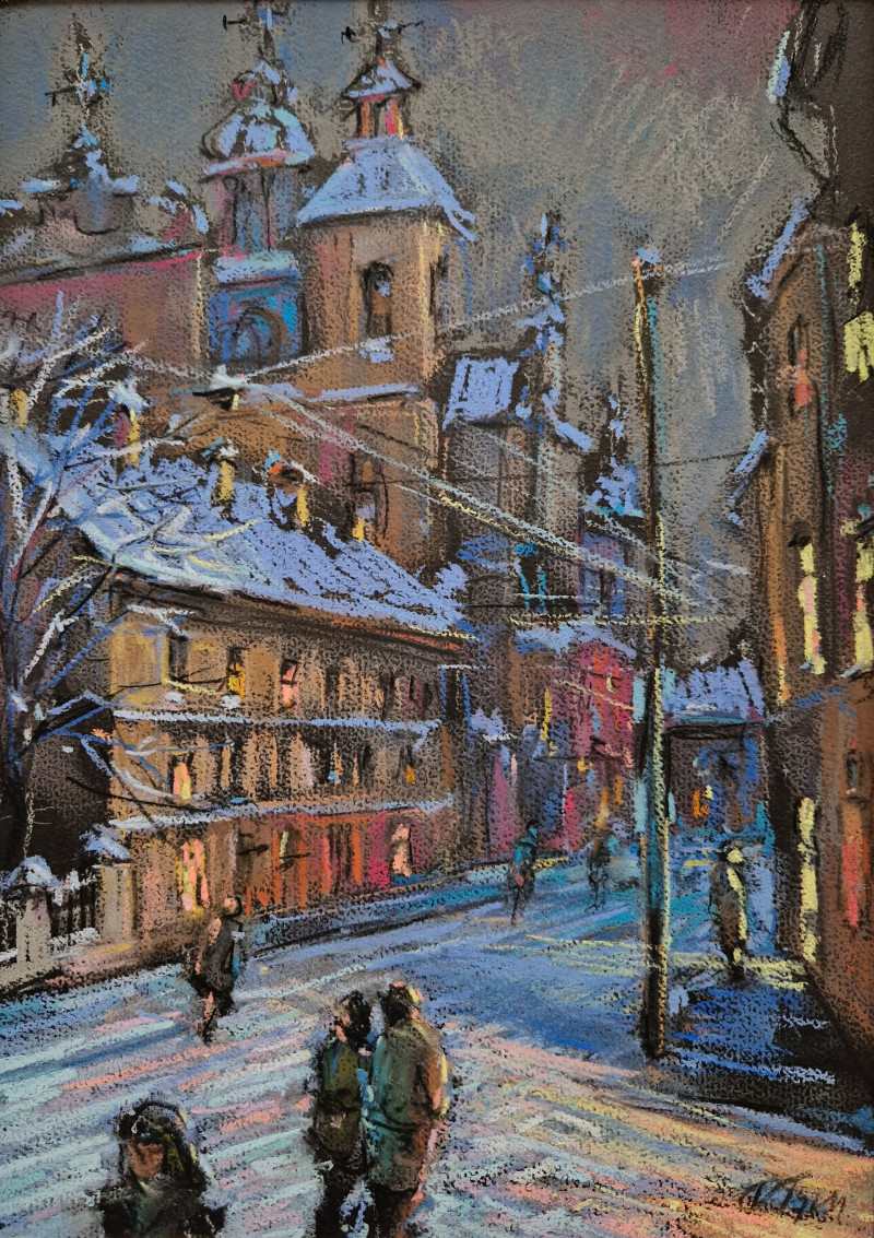 Winter Evening in Vilnius original painting by Dmytro Hunts. Lithuanian Landscape Paintings