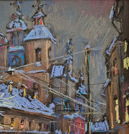 Winter Evening in Vilnius original painting by Dmytro Hunts. Lithuanian Landscape Paintings