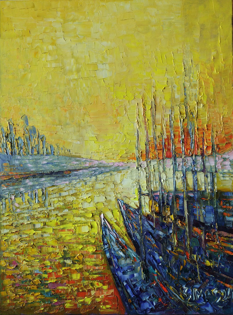 Sun In the Harbor original painting by Simonas Gutauskas. Sea