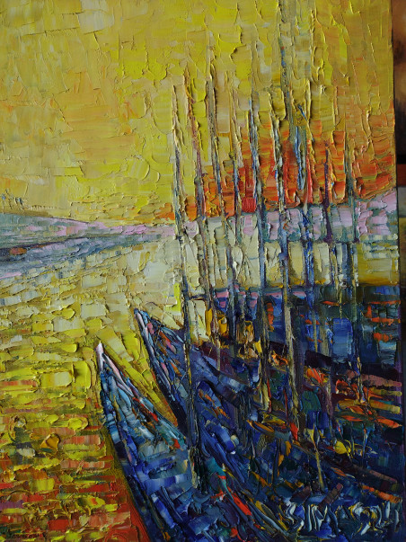 Sun In the Harbor original painting by Simonas Gutauskas. Sea