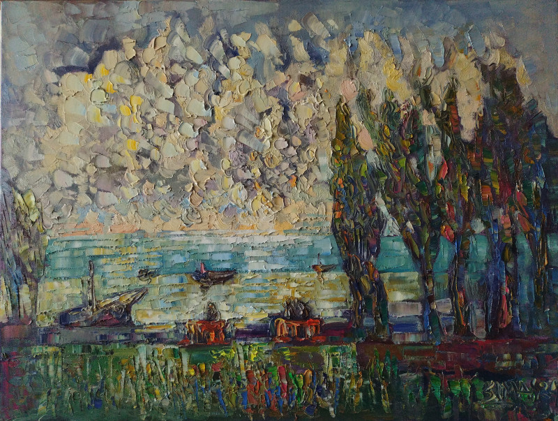 Quay original painting by Simonas Gutauskas. Lithuanian Landscape Paintings