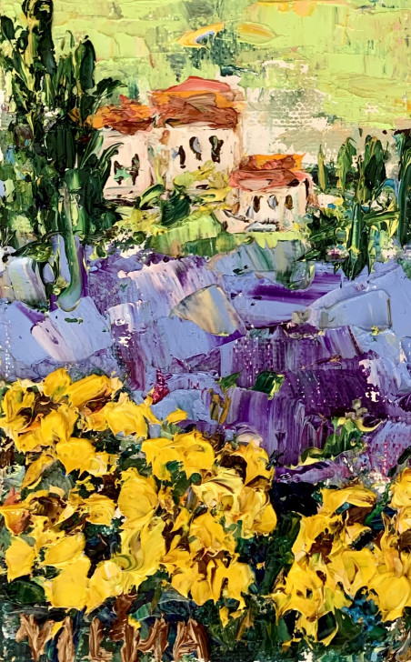 Lavender And Sunflowers Field original painting by Vilma Gataveckienė. Lithuanian Landscape Paintings