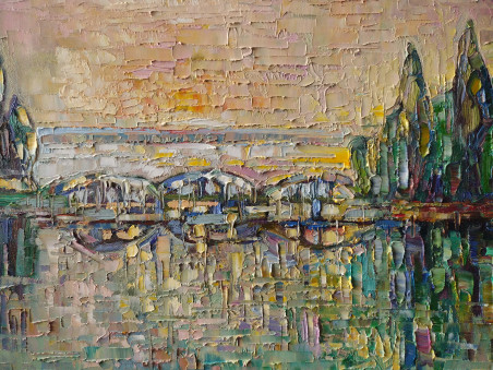 Bridge to the Island original painting by Simonas Gutauskas. Lithuanian Landscape Paintings