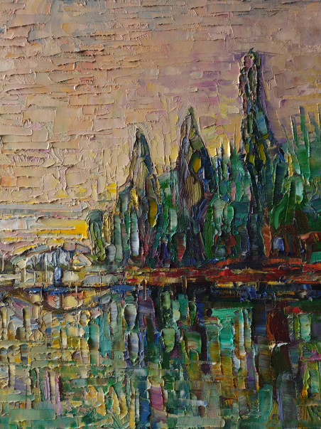 Bridge to the Island original painting by Simonas Gutauskas. Lithuanian Landscape Paintings