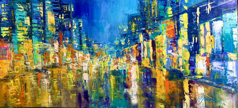 The shine of shop windows original painting by Nijolė Grigonytė Lozovska. Urbanistic - Cityscape