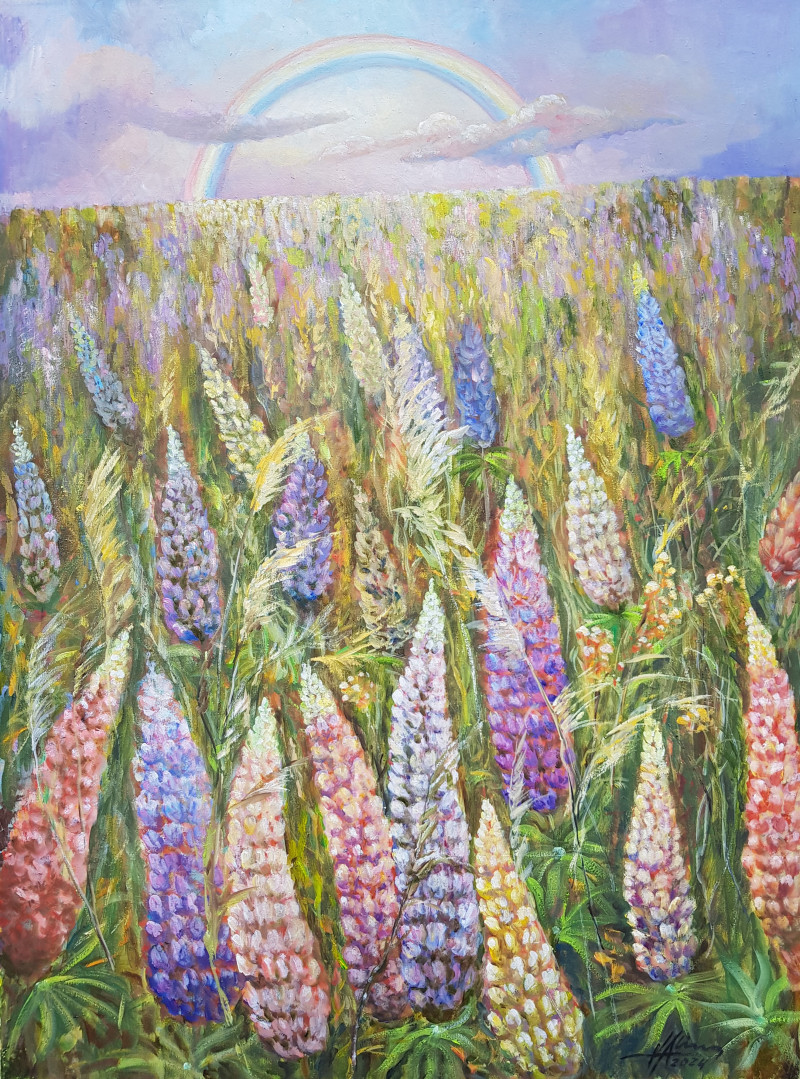 In the Evening After the Rain. Lupins original painting by Voldemaras Valius. Lithuanian Landscape Paintings