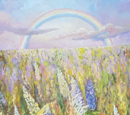 In the Evening After the Rain. Lupins original painting by Voldemaras Valius. Lithuanian Landscape Paintings